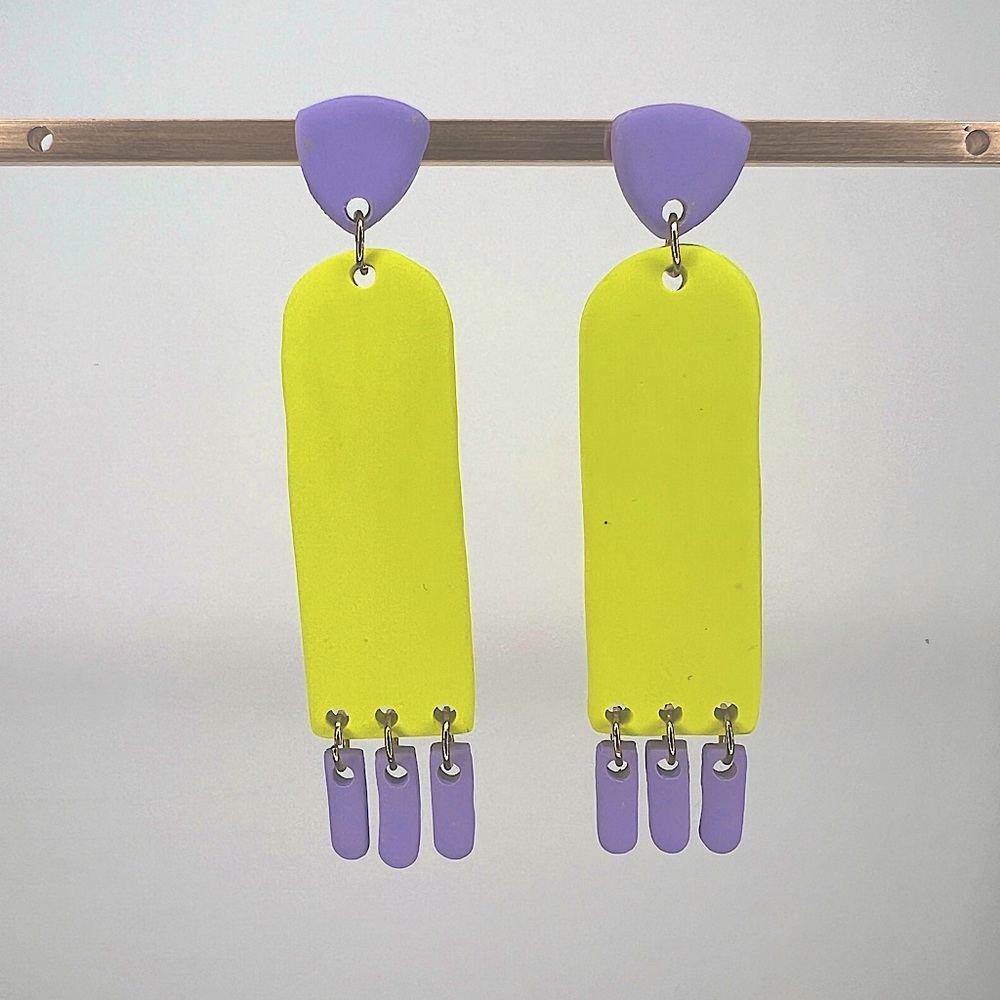Handmade Statement Dangling Earrings Jewelry Drop Purple Yellow Bright Vibrant